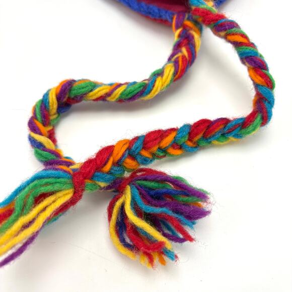 Rainbow Striped Wool Sherpa Hat Earflap Beanie Toque Toboggan Stocking Cap Nepal - Picture 3 of 7